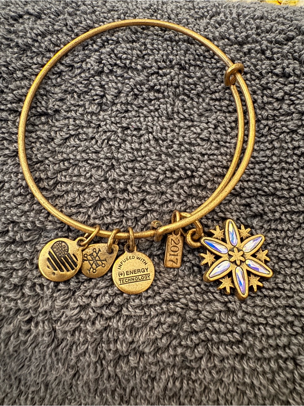 Alex and Ani Gold Tone Charm Bangle with Iridescent Snowflake